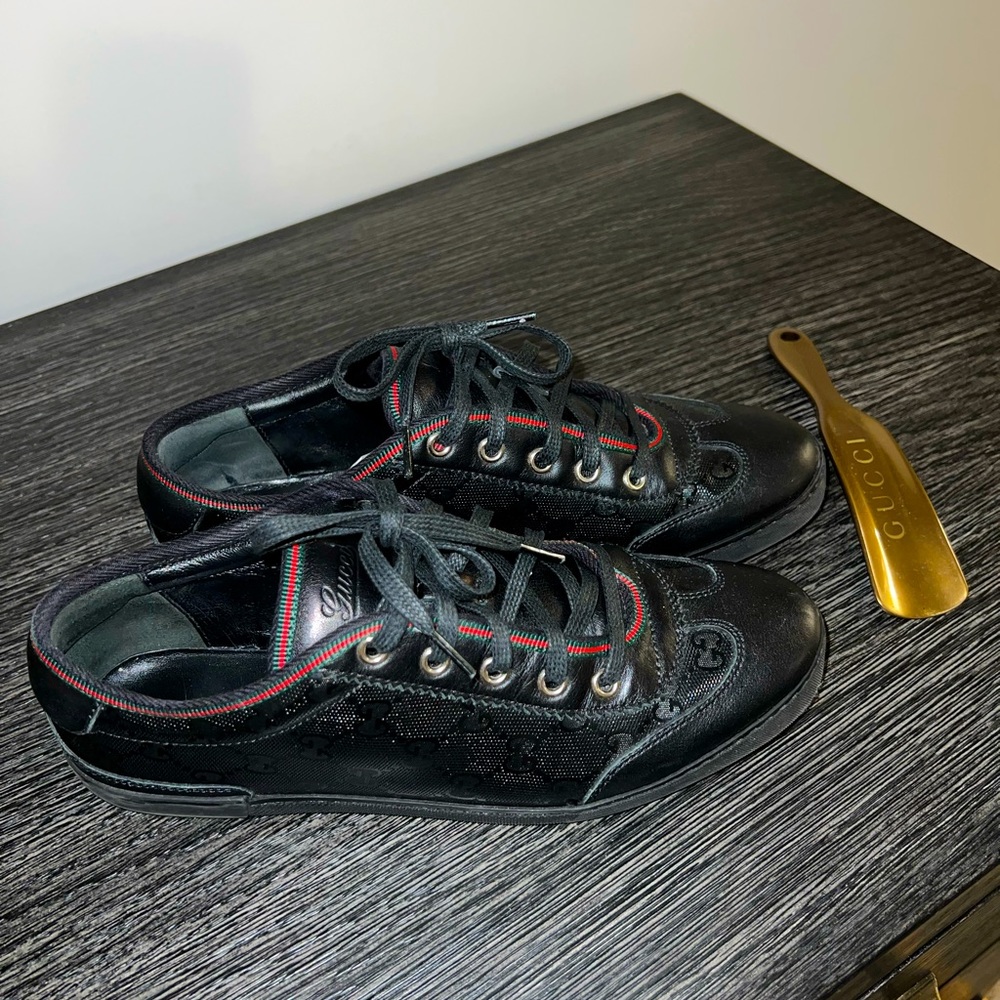 GUCCI Black GG Imprime Coated Canvas Vintage Web Barcelona Sneakers Size 7.5